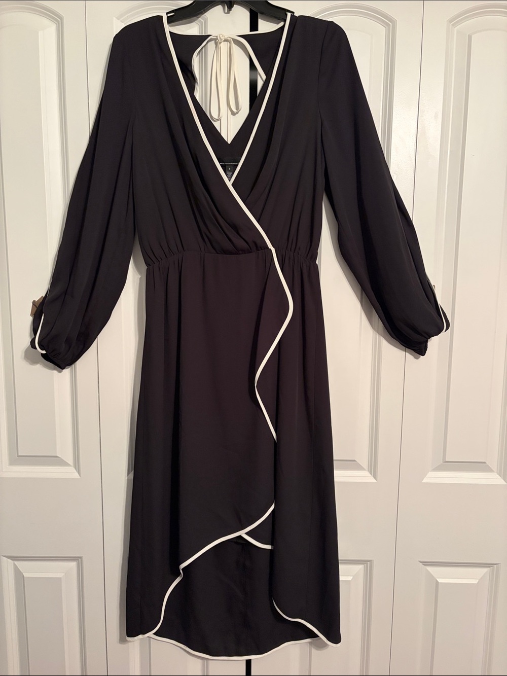 White House Black Market Black Midi Wrap Dress with White Trim
